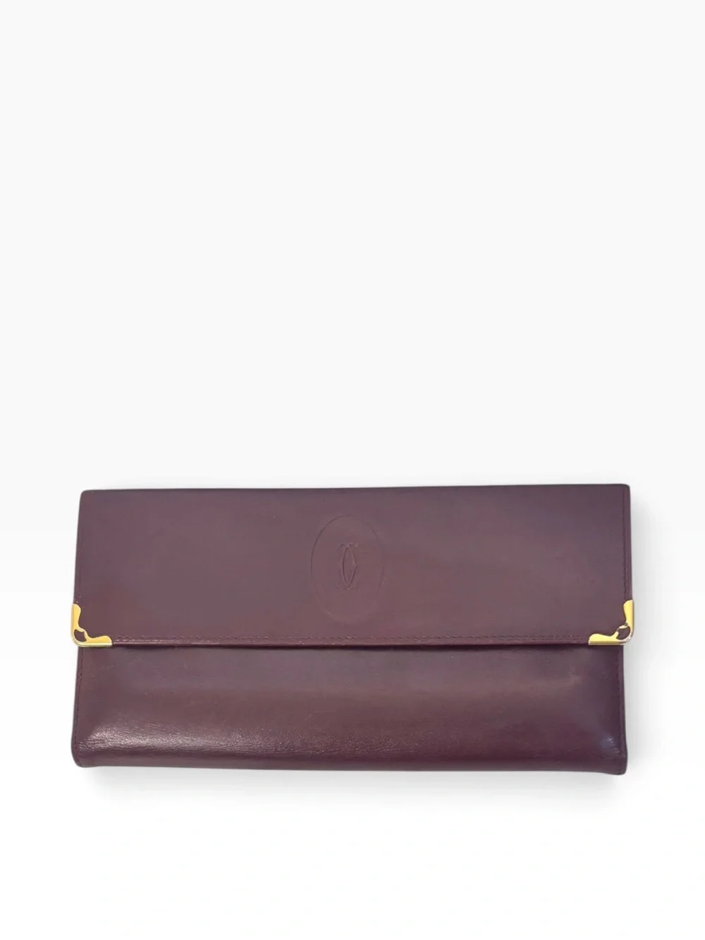 Vintage Cartier Burgundy Leather Long Wallet Kiss Lock Coin Purse Gold Tone